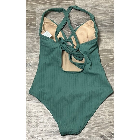 Kona Sol Swimwear 1 Piece Halter V Neck Keyhole Ring Tie Scoop Back Padded Small - Picture 2 of 3